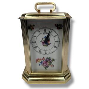 Vintage Bulova Floral Anniversary Mantle Carriage Clock Quartz B 2093 Gold Tone‎